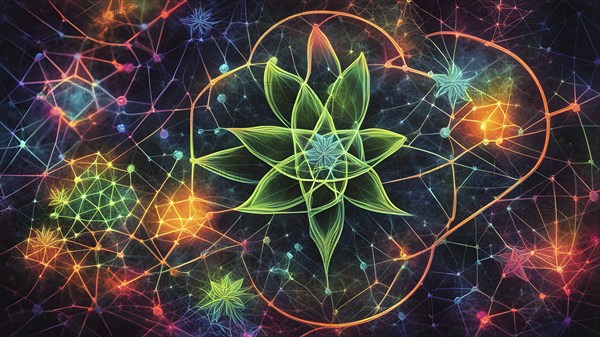 Abstract painting of chemical structure of thc and cbd interlocking geometric shapes, AI generated