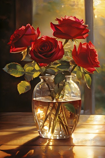Transparent crystal glass vase with red blooming roses, AI generated