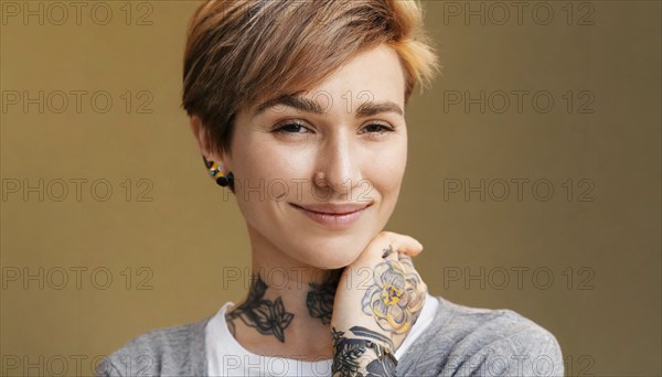 Portrait of a smiling woman with short hair and visible tattoos on a warm-coloured background, AI