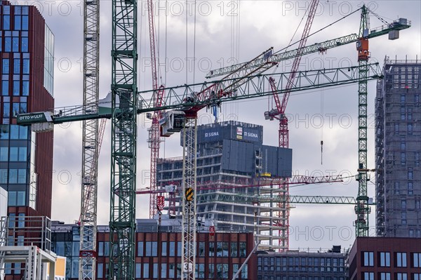 Construction sites in the east of Hafencity Hamburg, office building, new district on the Elbe, on