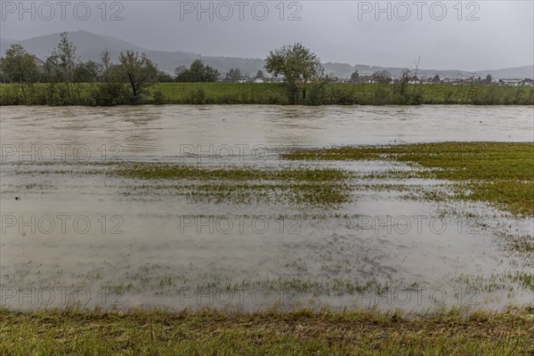 Flood on a river, storm on 26.8.23 near Benediktbeuern, Loisach near Schlehdorf, Bavaria, Germany,