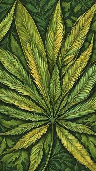 Abstract wallpaper highlighting stylized cannabis leaves in vibrant green and golden colors, AI