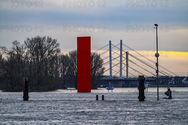 Flood on the Rhine near Duisburg, Rhine bridge Neuenkamp, old and new construction, landmark Rhine