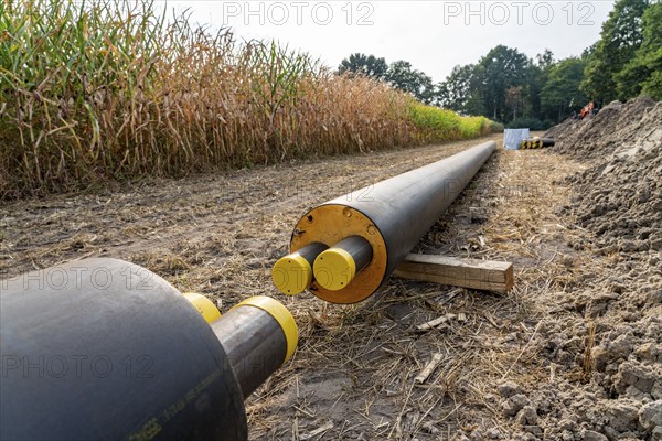 Laying of district heating pipes, next to a field, with maize, the district heating comes from a