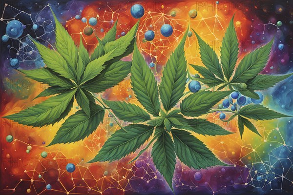 Abstract painting of chemical structure of thc and cbd interlocking geometric shapes, AI generated