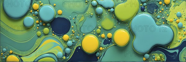 Abstract wallpaper with colorful blobs and liquid shapes on a green background, AI generated