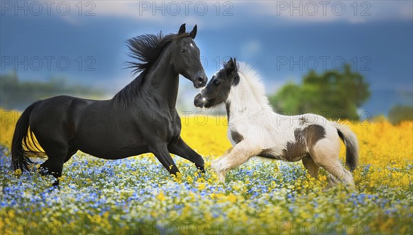 A black mare and a foal, studio, AI generated