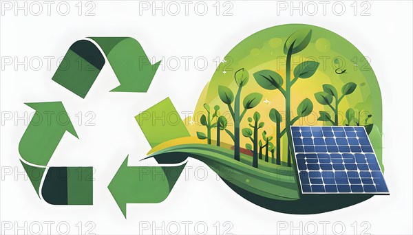 Recycling symbol morphing into growing plants and solar cells to symbolize the transformation of