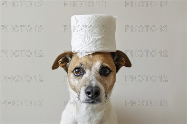Dog with roll of toilet paper on head. KI generiert, generiert AI generated