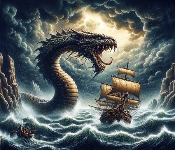 Mythology, mythical creatures, a sea monster, a giant sea serpent, threatens a sailing ship at sea,