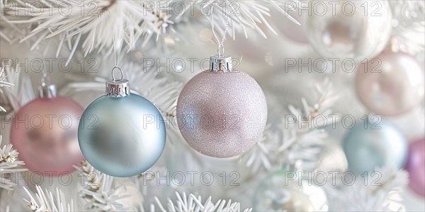 Close up of beautiful iridescent bauble ornaments on branches of white christmas tree. Generative