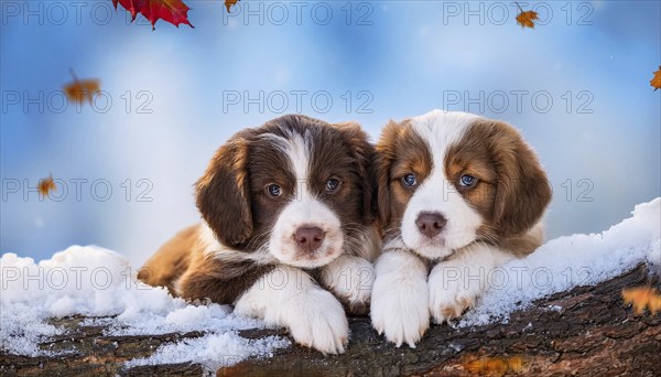 KI generated, dog, dogs, puppy, one, two, three, play, snow, winter, autumn leaves, blue sky,