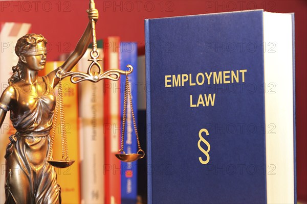 Symbolic image: Reference book Employment law (labour law) and a Justitia
