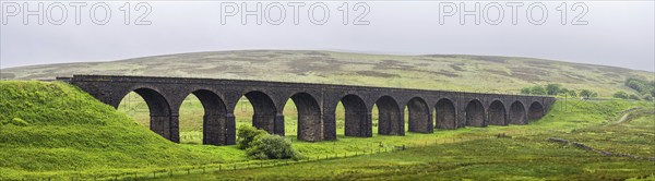 Panorama of Dandry Mire, Moorcock Viaduct, Yorkshire Dales National Park, North Yorkshire, England,