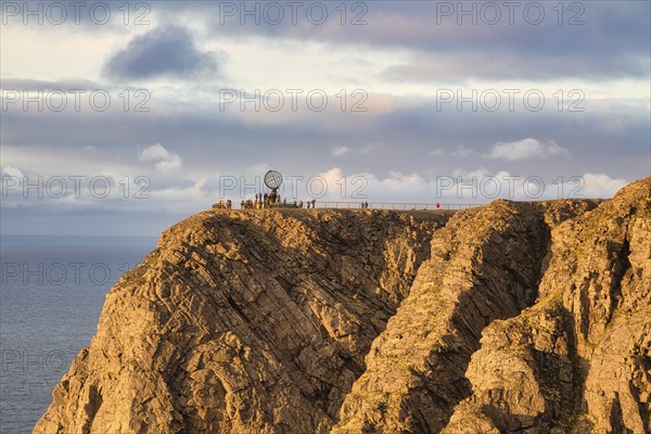 Steel globe at the North Cape in the evening light, Nordkapp, Finnmark, Norway, Europe
