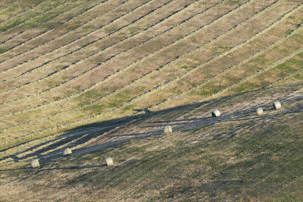 Harvested wheat field with bales of straw, landscape around Pienza, Val d'Orcia, Orcia Valley,