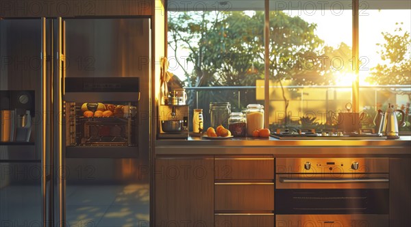 Modern kitchen with a stainless steel refrigerator and oven. Home renovation and upgrades, AI
