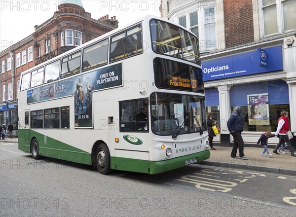 Double-decker free shopping shuttle bus, Ipswich Buses transport, Ipswich, Suffolk, England, UK