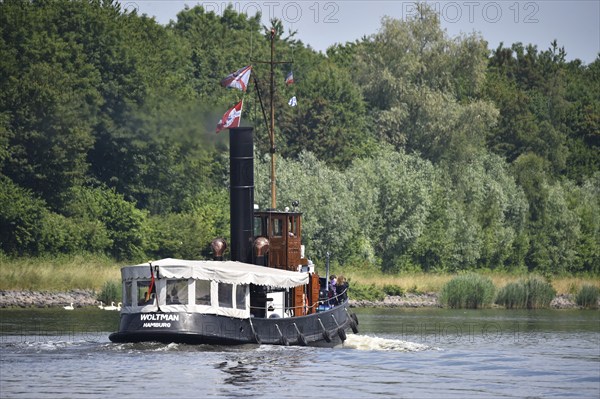 Steam tug Woltman sailing in the Kiel Canal, Schleswig-Holstein, Germany, Europe