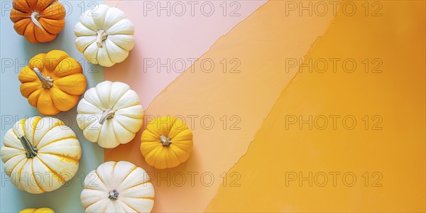 Banner with orange and white pumpkins on multicolored background with copy space. Generative Ai, AI