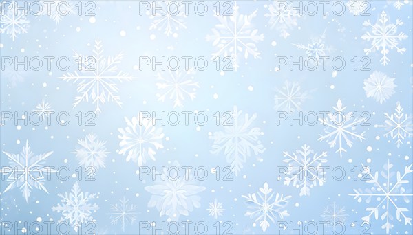 Abstract pattern of snowflakes in varying sizes and shapes in soft white and blue gradients, AI