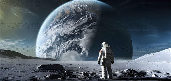 An astronaut stands on a lunar-like surface gazing at an immense planet rising, AI generated