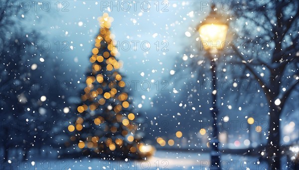 Christmas Eve with snowflakes fall under the light of a streetlamp with a decorated tree in the