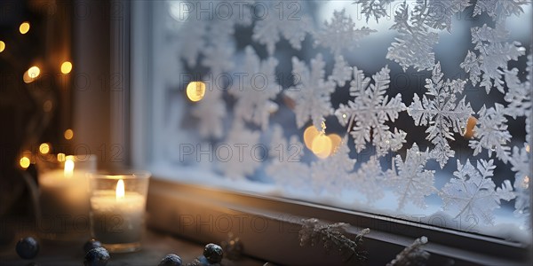 Snow-covered window with frost patterns, candlelight softly glowing through the glass, and warm,