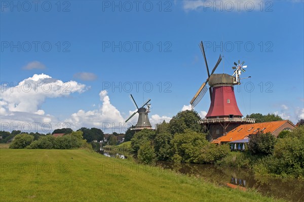 Twin mills Greetsiel at the old Greetsieler Sieltief, Krummhörn-Greetsiel. East Frisia, Lower