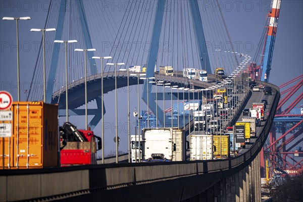 Traffic on the Köhlbrand Bridge in the port of Hamburg, spans the 325 m wide Köhlbrand, an arm of