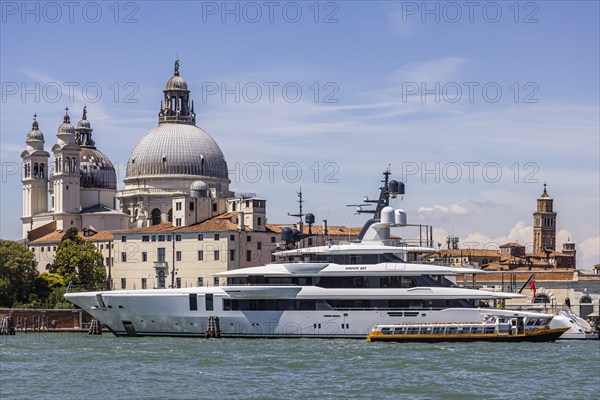 Exclusive private yachts moored on the Canale della Giudecca off Venice, Venice, Italy, Europe