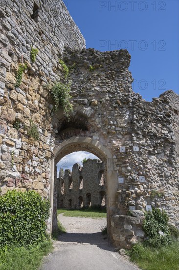 The main portal of the ruins of Staufen Castle on the Schlossberg, Staufen im Breisgau,