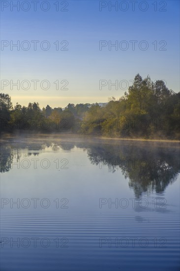 Sunrise with fog, Mühlweiher at Reutberg Monastery, Sachsenkam, Tölzer Land, Alpine foothills,