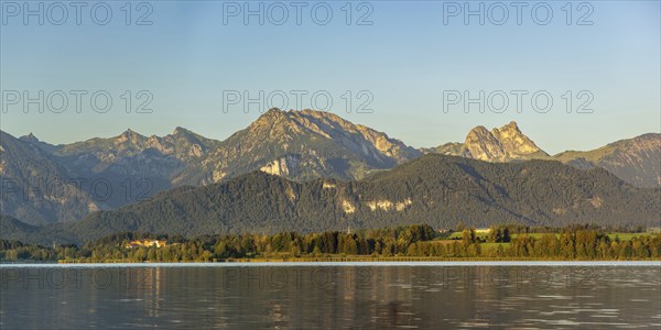 Panorama over the Hopfensee, Ostallgäu, behind it the Tannheimer mountains with the Aggenstein,