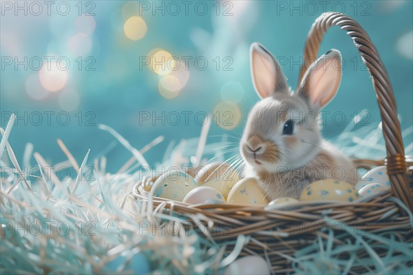 Cute Easter bunny sits beside a basket filled with colorful, decorated eggs amidst a vibrant green