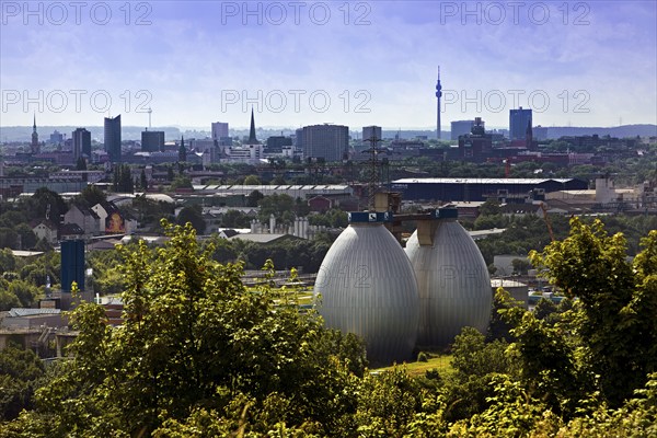 City panorama from Deusenberg with digesters and Florianturm, Dortmund, Ruhr area, North