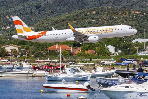 An Airbus A321 Sunclass aircraft with the registration number OY-TCF at Skiathos Airport, Greece,