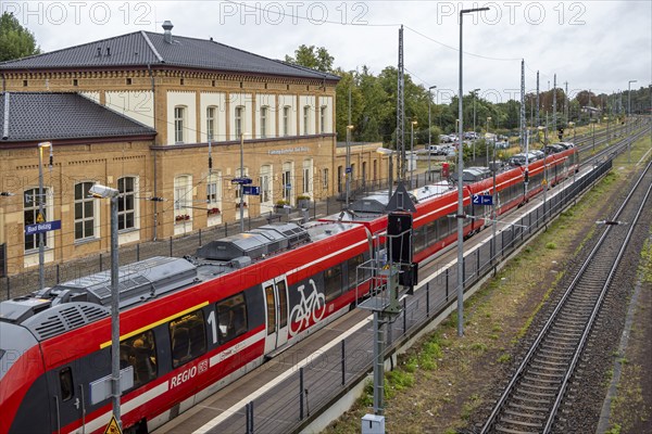 Railway station with station building and regional railway. Bad Belzig, Brandenburg, Germany,