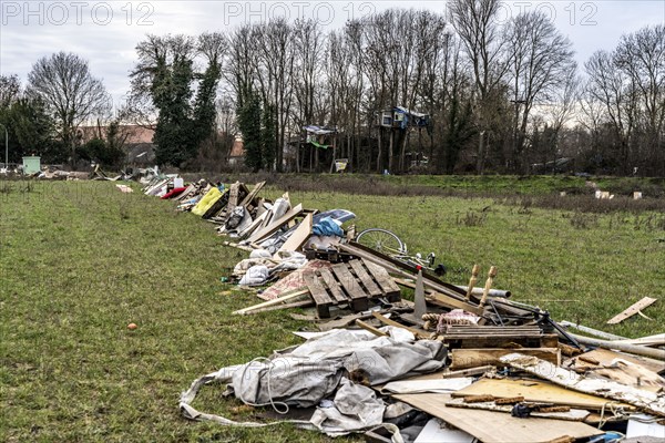 Barricades, obstacles, in the camp of climate activists in the rest of the village of Lützerath,