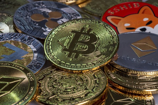 Various cryptocurrencies, symbol coins, optical placeholder for the digital currency, blockchain,