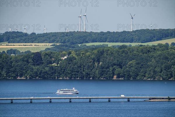 Lake Möhne, reservoir in the northern Sauerland, north-west bank, Delecker Bridge, excursion boat,