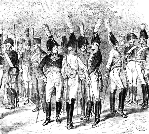 Portrait Prussian officers and soldiers, uniform, sabre, hat, boots, pride, exalted, conversation,