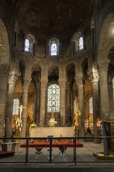 Orcival. Choir of Notre-Dame d'Orcival basilica showcasing Auvergne Romanesque architecture in