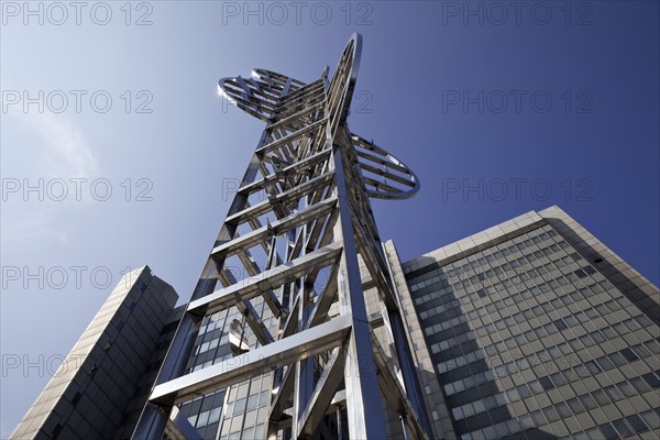 Sculpture by Nicolas Schöffer entitled Chronos 15, light-kinetic tower in front of the Stadthaus,