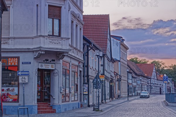 Breite Straße, a cobbled street with shops and flats in historic half-timbered buildings in the old