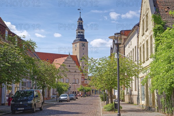 Residential and commercial buildings in Rudolf-Breitscheid-Straße, paved with cobblestones, in the