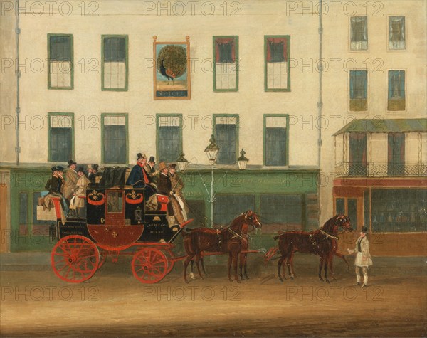 The London-Manchester stagecoach, the Peveril of the Peak, in front of the Peacock Inn, Islington,