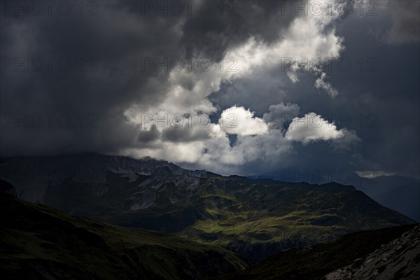 Montafon mountains with dramatic cloudy sky, Tschagguns, Rätikon, Montafon, Vorarlberg, Austria,