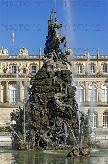 Fountain figure, winged goddess Fama riding a horse, Fama fountain, Famabrunnen, fountain,