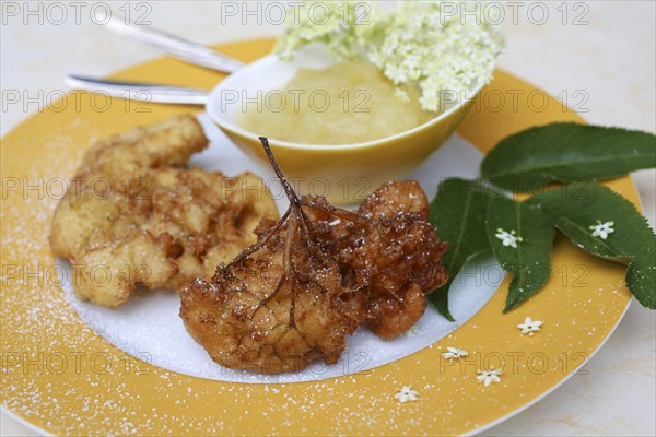 Swabian cuisine, elderberry cakes with apple sauce, Hollerkiacherl, elderflowers in pastry,